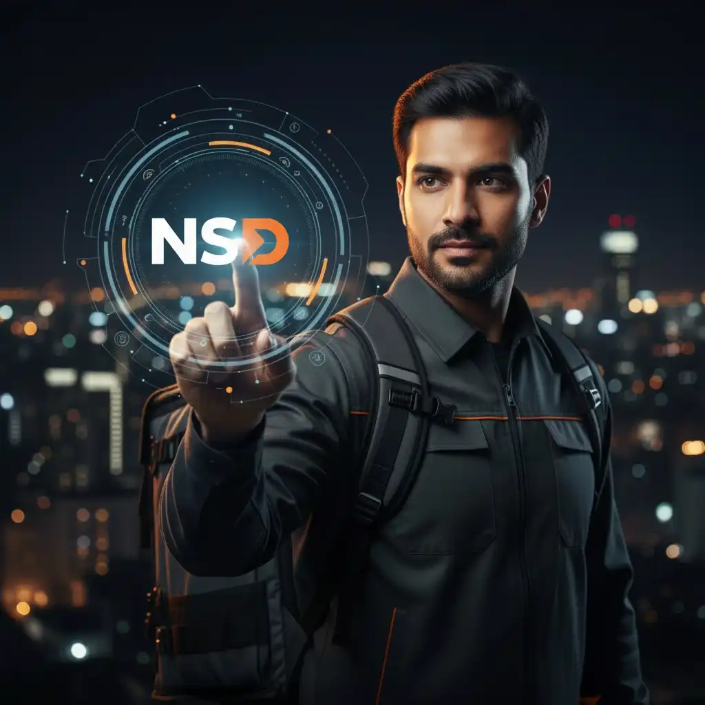 AI generated delivery bike rider man carrying bag, clicking NSD Non-Stop delivery logo with finger