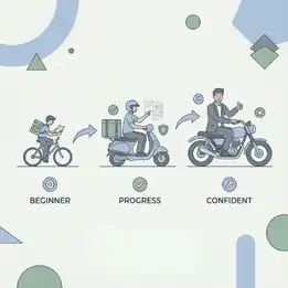 Clipart showing journey of delivery rider get beginner to confident with training programme of NSD