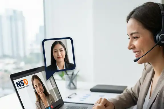 HR of NSD doing interaction videocall on laptop with person interested in building career in dubai.