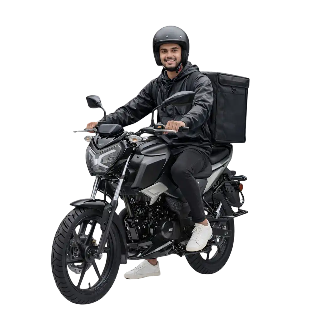 happy male delivery bike rider sitting on delivery bike with parcel bag showing service of NSD