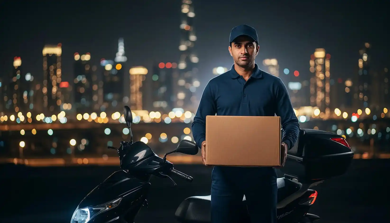 Male NSD delivery rider provider in dubai employee standing with bike & with parcel in hand