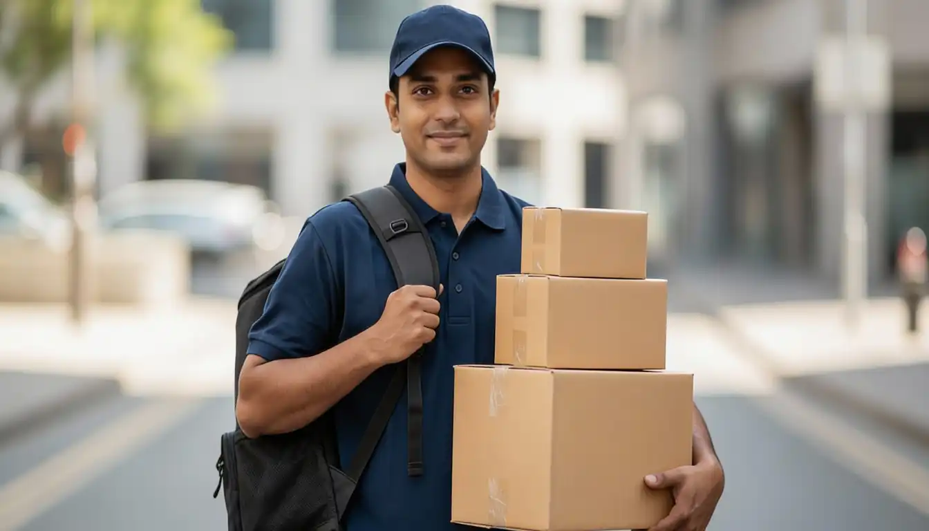A male clipart carrying delivery parcel and moving ahead step by step towards career growth
